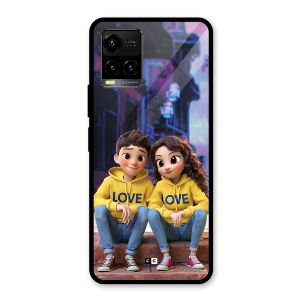 Cute Couple Sitting Glass Back Case for Vivo Y21A