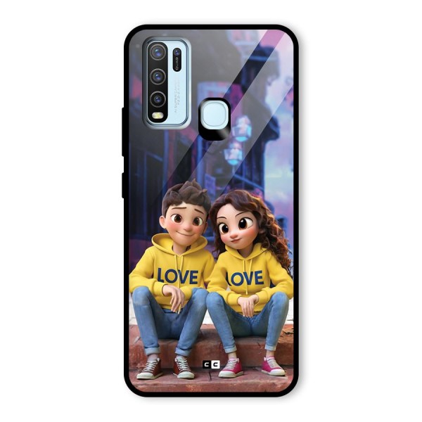 Cute Couple Sitting Glass Back Case for Vivo Y30