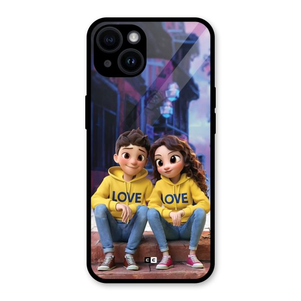 Cute Couple Sitting Glass Back Case for iPhone 14