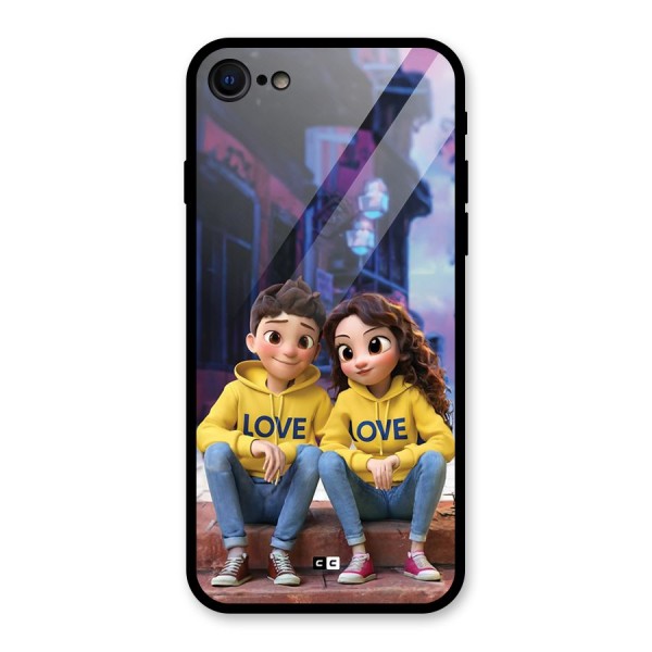 Cute Couple Sitting Glass Back Case for iPhone SE 2020