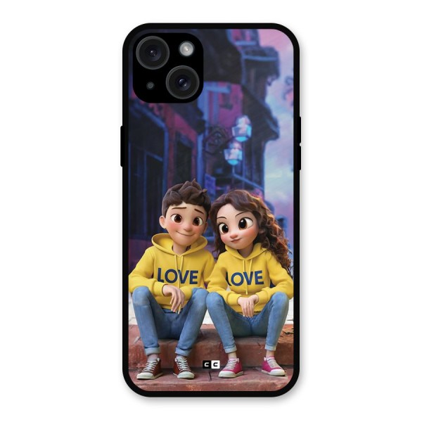 Cute Couple Sitting Metal Back Case for iPhone 15 Plus