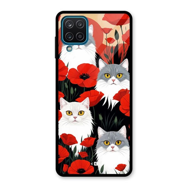 Floral Cat Glass Back Case for Galaxy A12