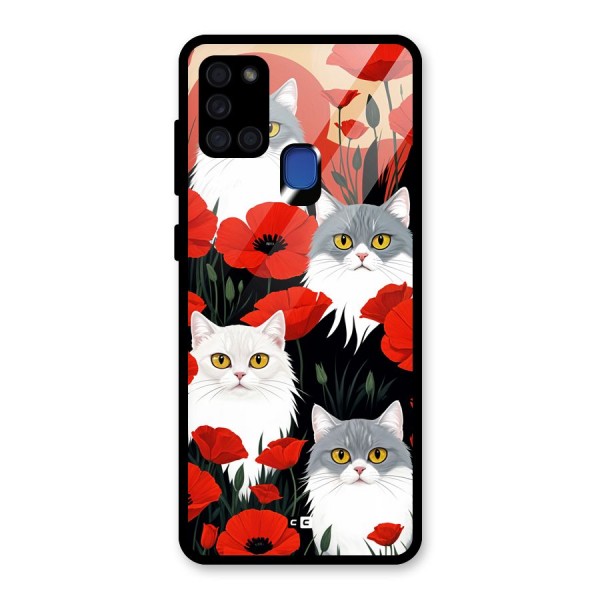 Floral Cat Glass Back Case for Galaxy A21s