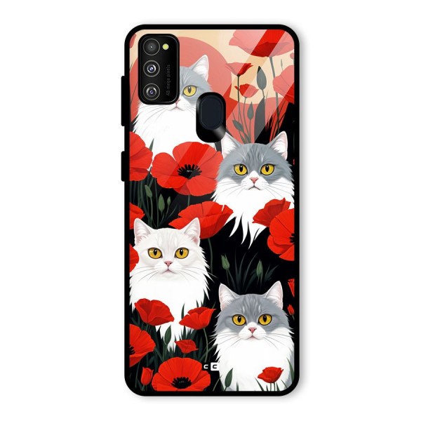 Floral Cat Glass Back Case for Galaxy M21