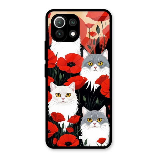 Floral Cat Glass Back Case for Mi 11 Lite