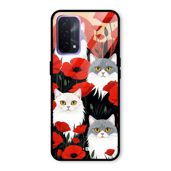 Floral Cat Glass Back Case for Oppo A74 5G