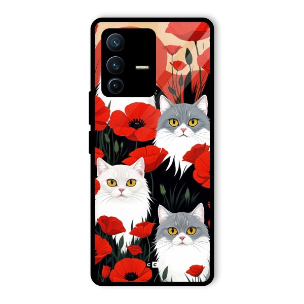 Floral Cat Glass Back Case for Vivo V23 Pro