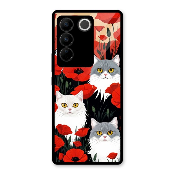 Floral Cat Glass Back Case for Vivo V27 Pro