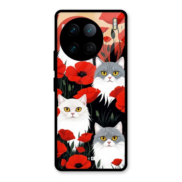 Floral Cat Glass Back Case for Vivo X90 Pro