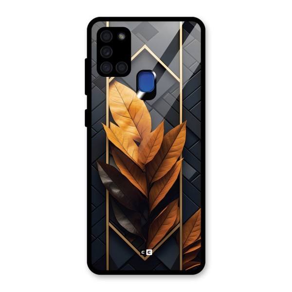 Golden Leaf Pattern Glass Back Case for Galaxy A21s