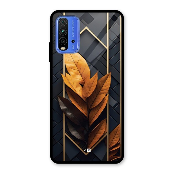 Golden Leaf Pattern Glass Back Case for Redmi 9 Power