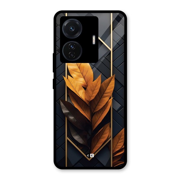 Golden Leaf Pattern Glass Back Case for Vivo T1 Pro