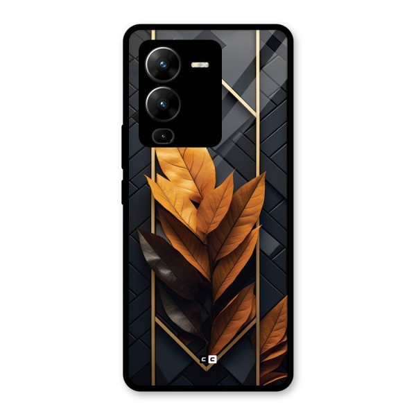 Golden Leaf Pattern Glass Back Case for Vivo V25 Pro