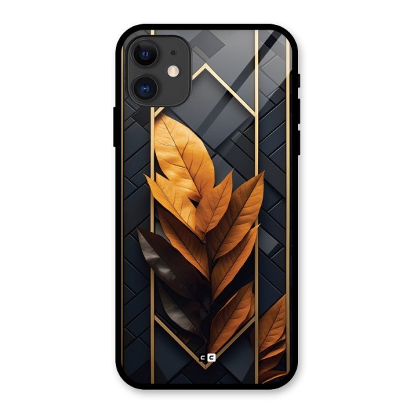 Golden Leaf Pattern Glass Back Case for iPhone 11