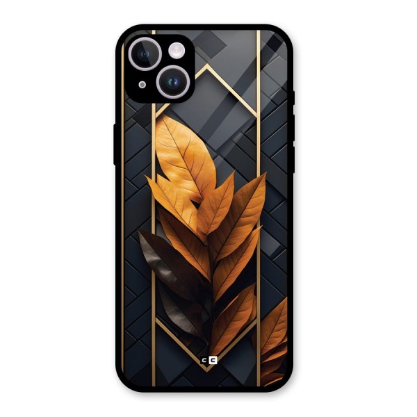 Golden Leaf Pattern Glass Back Case for iPhone 14 Plus