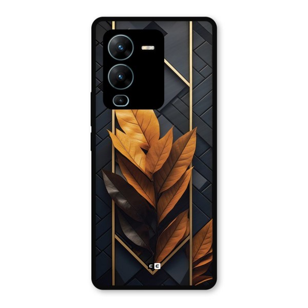 Golden Leaf Pattern Metal Back Case for Vivo V25 Pro