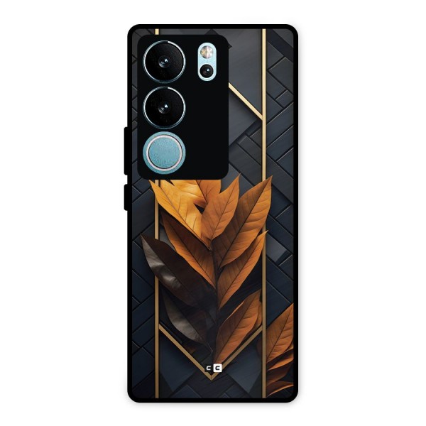 Golden Leaf Pattern Metal Back Case for Vivo V29 Pro