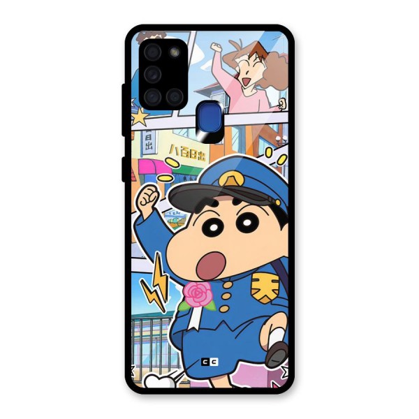 Officer Shinchan Glass Back Case for Galaxy A21s