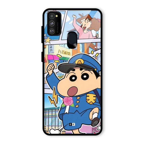 Officer Shinchan Glass Back Case for Galaxy M21