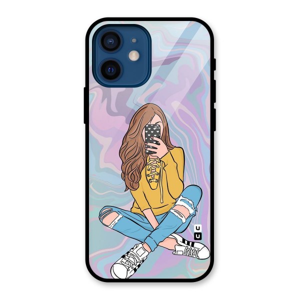 Selfie Girl Illustration Glass Back Case for iPhone 12 Mini