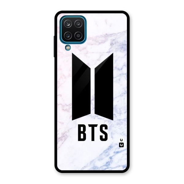 BTS Logo Marble Print Glass Back Case for Galaxy A12