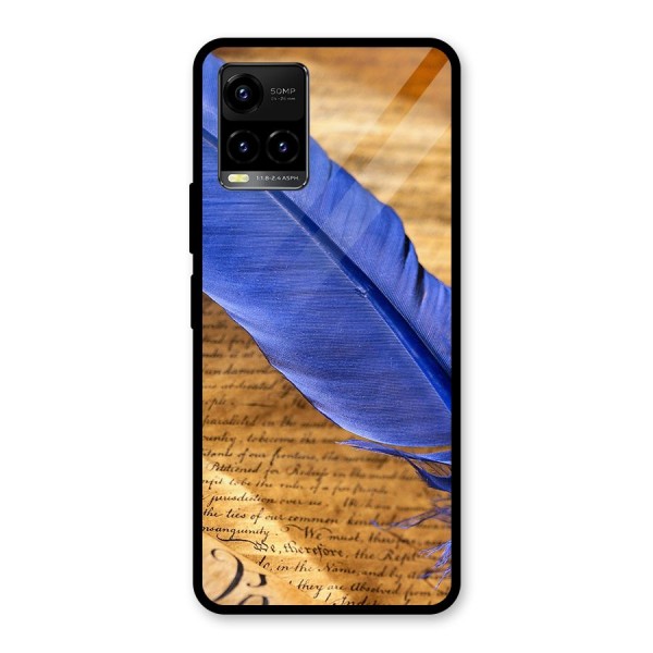 Beautiful Blue Feather Glass Back Case for Vivo Y21 2021