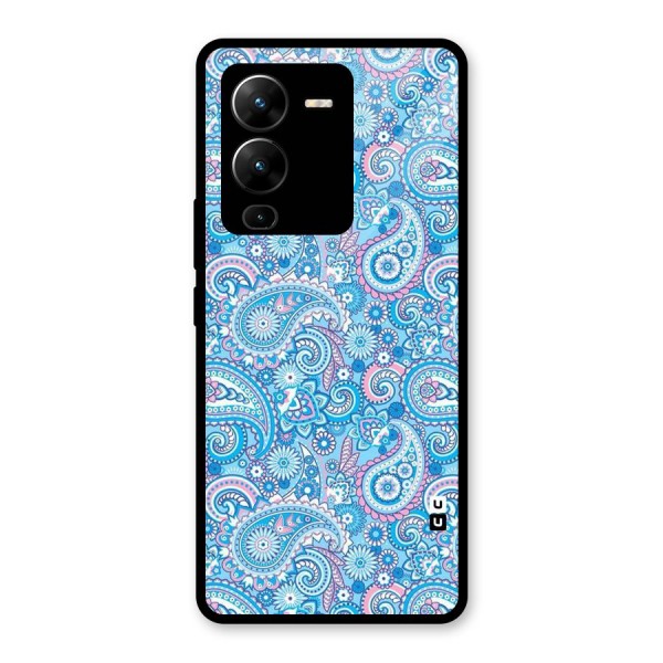 Blue Block Pattern Glass Back Case for Vivo V25 Pro