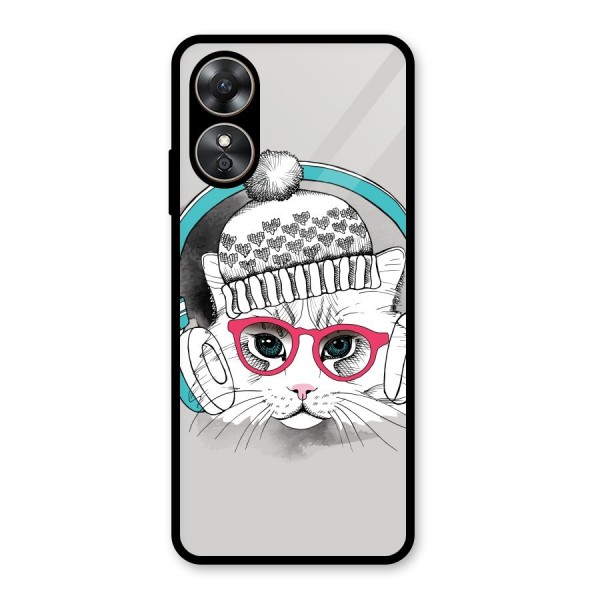 Cat Headphones Glass Back Case for Oppo A17