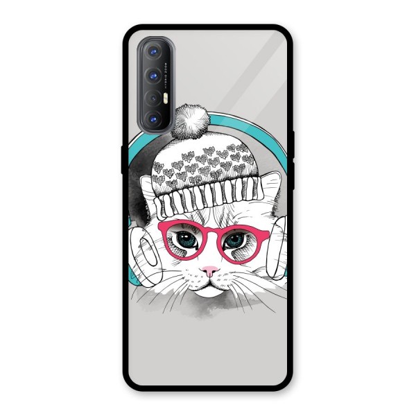 Cat Headphones Glass Back Case for Oppo Reno3 Pro