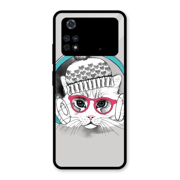 Cat Headphones Glass Back Case for Poco M4 Pro 4G