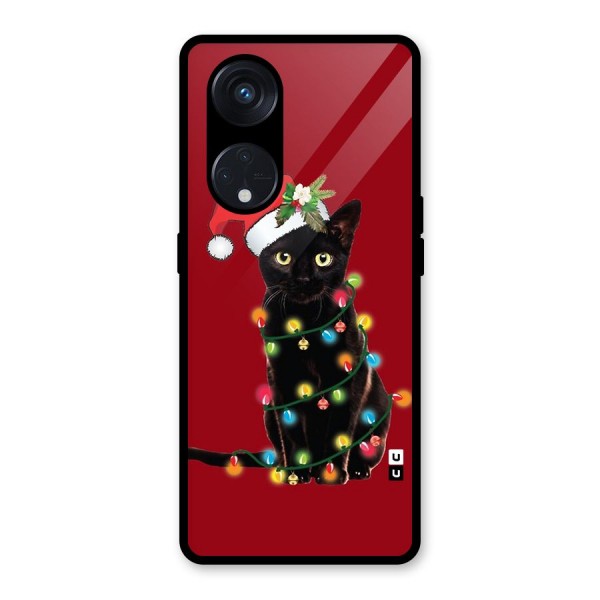 Christmas Cap Cat Glass Back Case for Reno8 T 5G