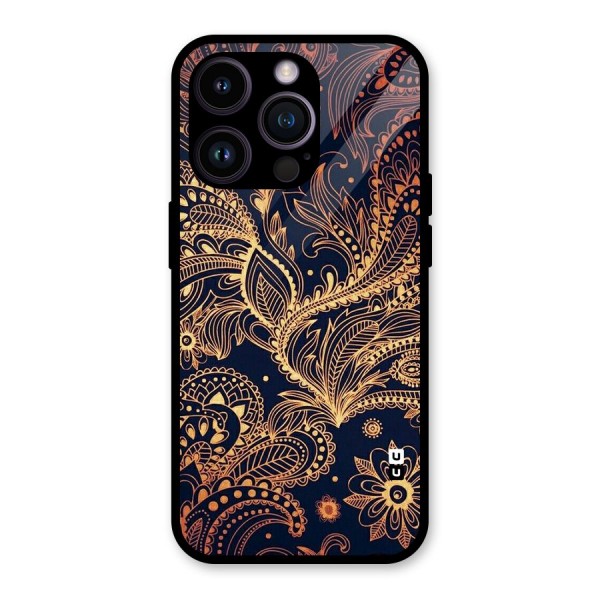 Classy Golden Leafy Design Glass Back Case for iPhone 14 Pro