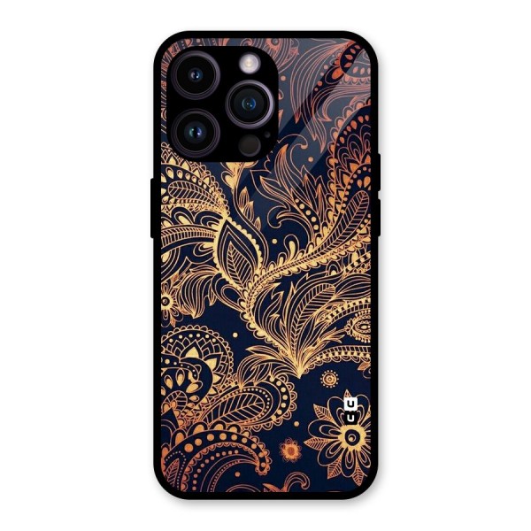 Classy Golden Leafy Design Glass Back Case for iPhone 14 Pro Max
