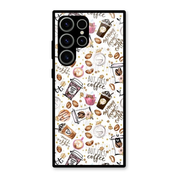 Coffee Pattern Glass Back Case for Galaxy S23 Ultra