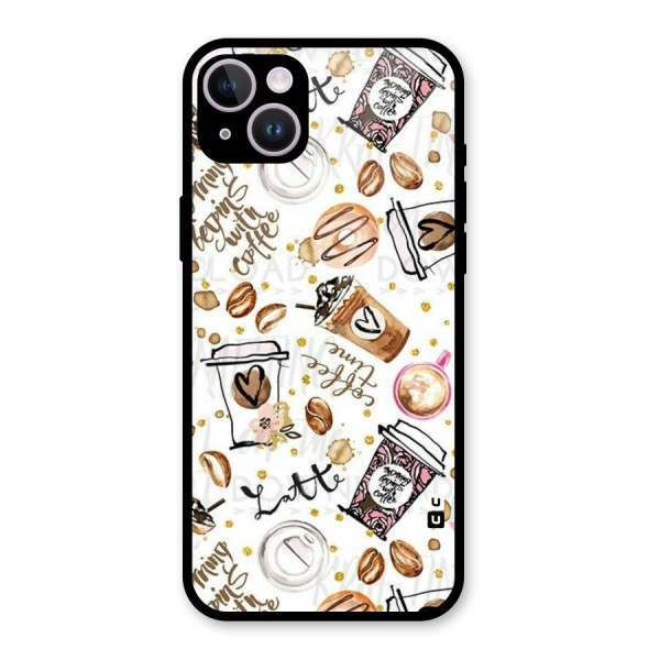 Cute Coffee Pattern Glass Back Case for iPhone 14 Plus