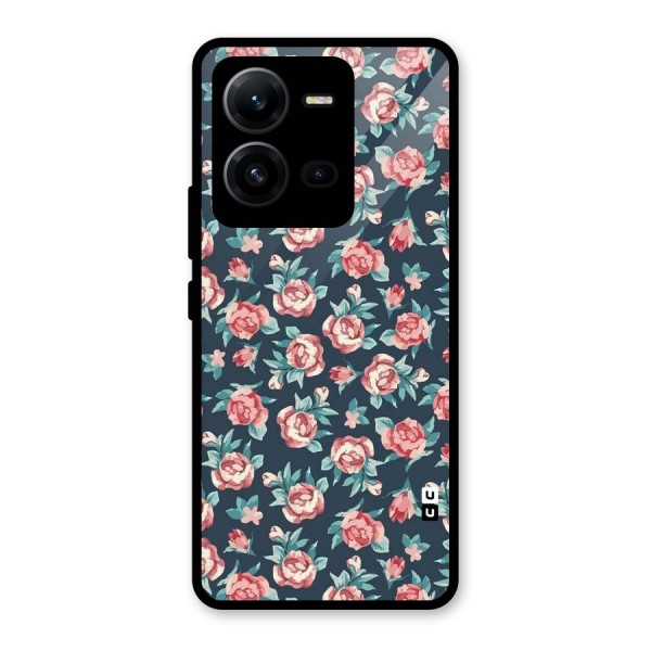 Floral Navy Bloom Glass Back Case for Vivo V25