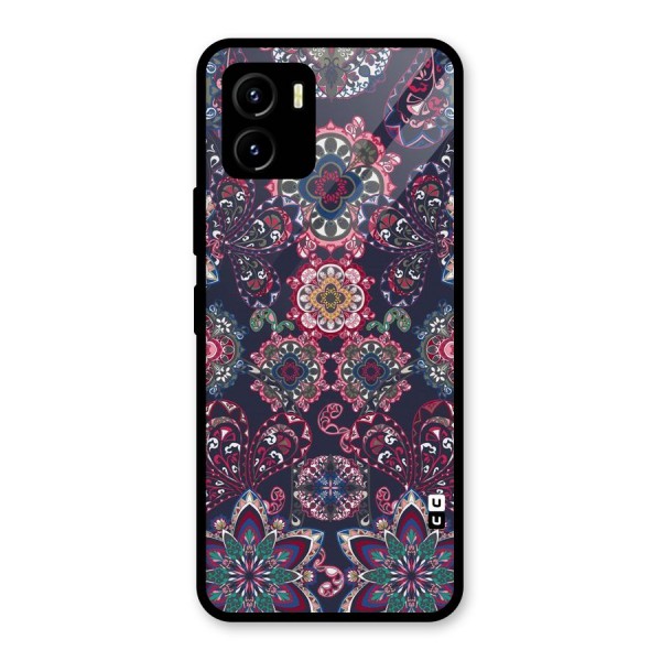 Navy Blue Bloom Pattern Glass Back Case for Vivo Y15s