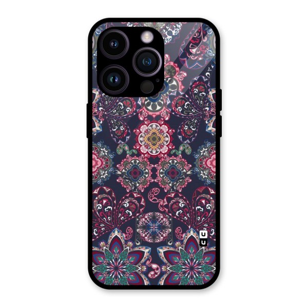 Navy Blue Bloom Pattern Glass Back Case for iPhone 14 Pro