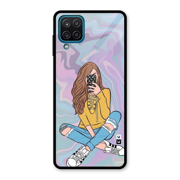 Selfie Girl Illustration Glass Back Case for Galaxy A12