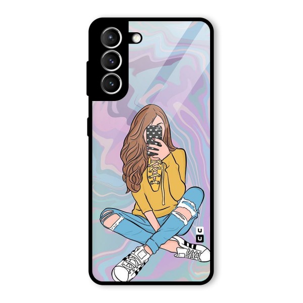 Selfie Girl Illustration Glass Back Case for Galaxy S21 5G