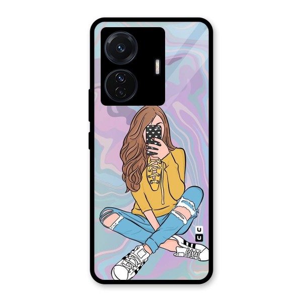 Selfie Girl Illustration Glass Back Case for Vivo T1 Pro