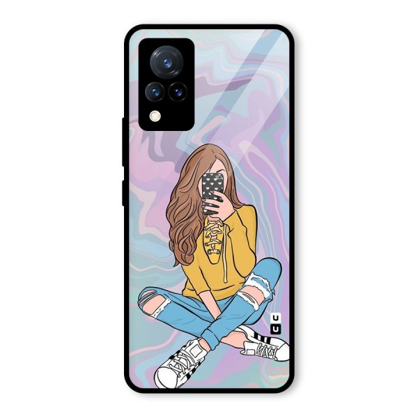 Selfie Girl Illustration Glass Back Case for Vivo V21 5G