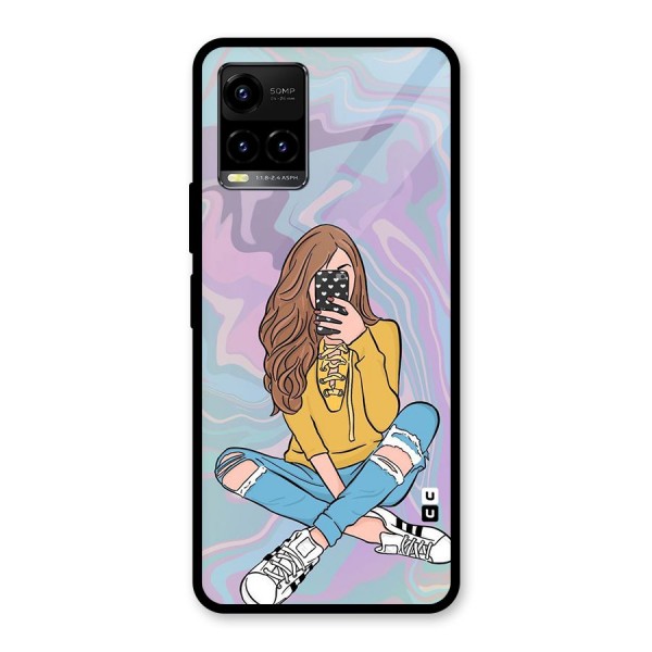 Selfie Girl Illustration Glass Back Case for Vivo Y21 2021