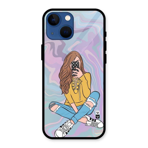 Selfie Girl Illustration Glass Back Case for iPhone 13 Mini