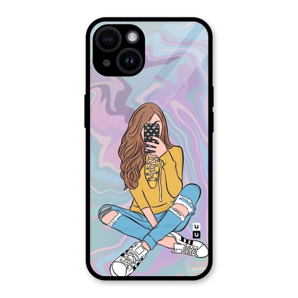 Selfie Girl Illustration Glass Back Case for iPhone 14