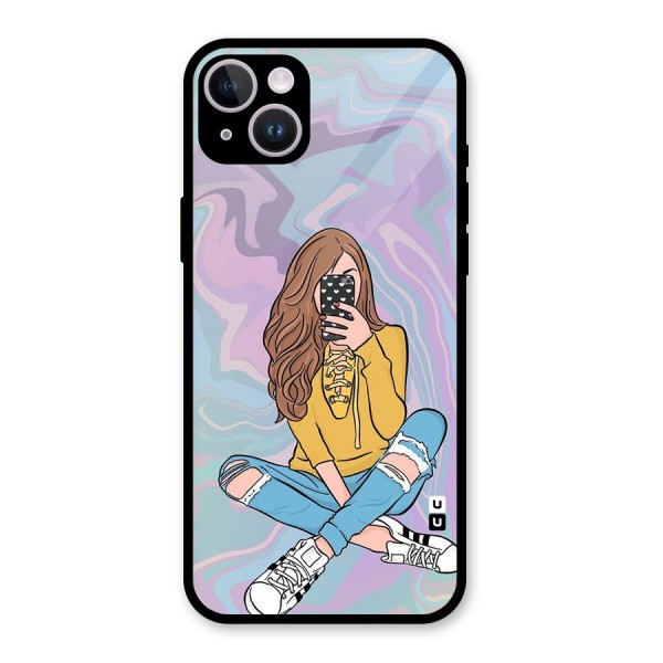 Selfie Girl Illustration Glass Back Case for iPhone 14 Plus