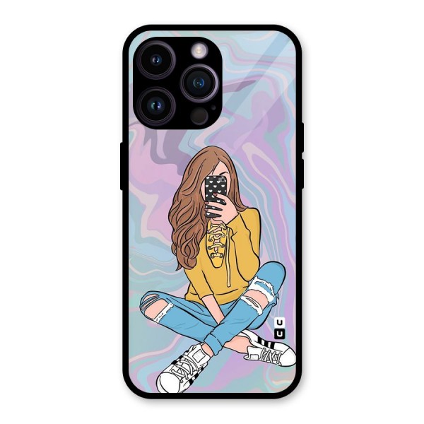 Selfie Girl Illustration Glass Back Case for iPhone 14 Pro Max