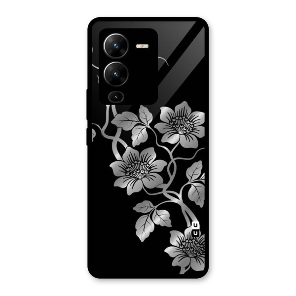 Silver Grey Flowers Glass Back Case for Vivo V25 Pro